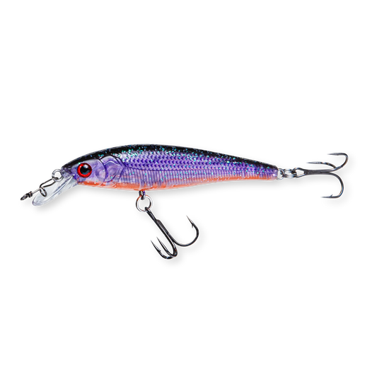 Beastly Minnow Finesse June Bug Shiner ist ein Jerkbait, das Licht reflektiert und rund um die Uhr Aufmerksamkeit erregt.