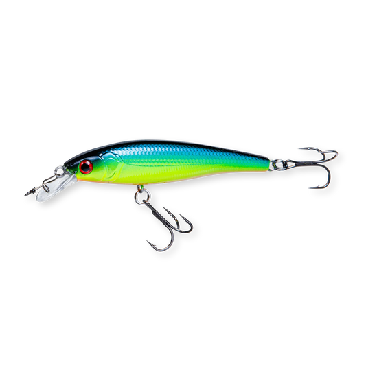 Beastly Minnow Finesse Sunshine ist ein Jerkbait, das bei Sonnenschein am besten zur Geltung kommt – die Farbe ist gut sichtbar und lockt Fische im Oberflächenwasser.